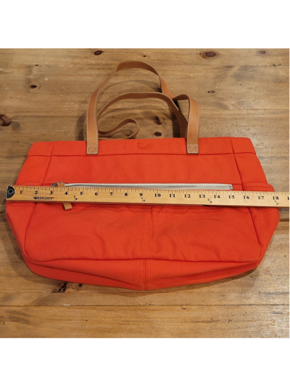 Fossil Orange Canvas Tote Bag Brown Leather Handles Shoulder Purse Zip Top - Picture 13 of 14